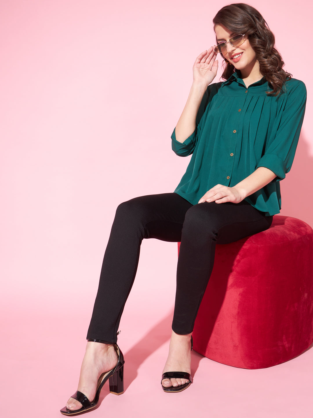 Slenor Women Solid Casual Dark Green Shirt