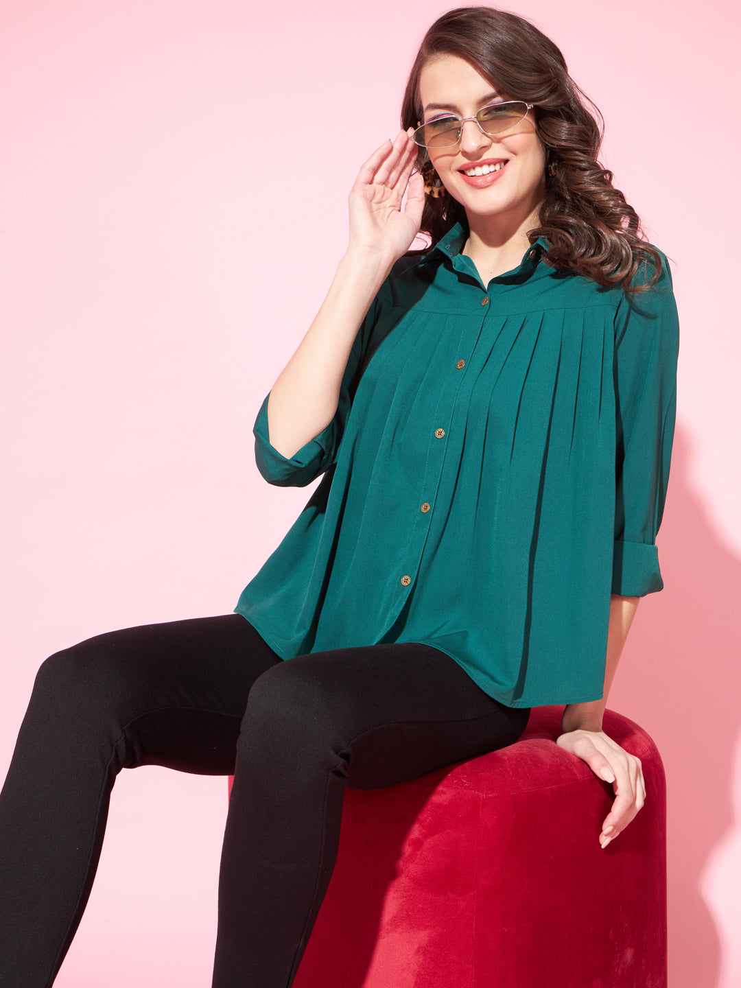 Slenor Women Solid Casual Dark Green Shirt