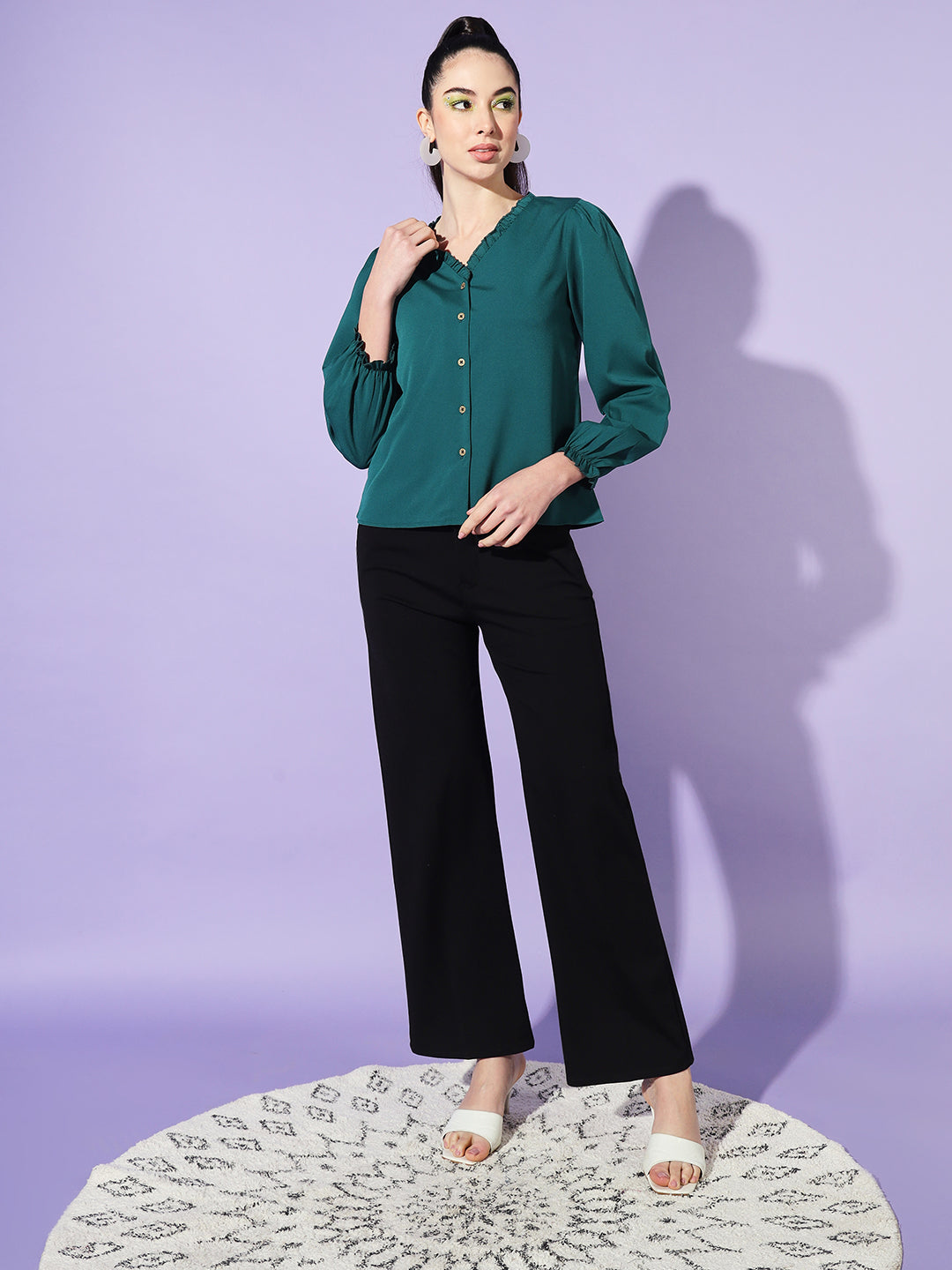 Women Teal Solid Puff Sleeves Shirt Style Top