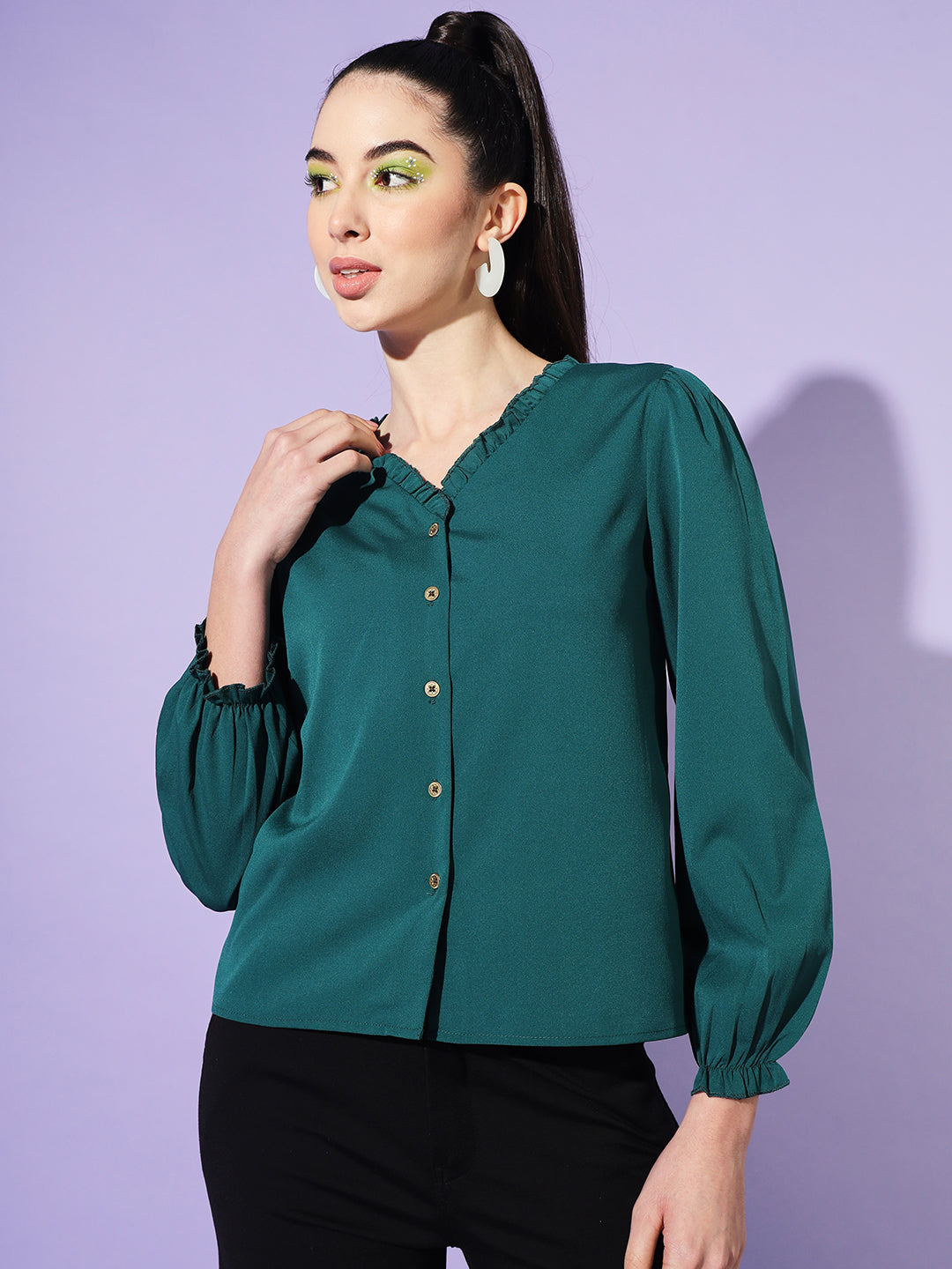 Women Teal Solid Puff Sleeves Shirt Style Top