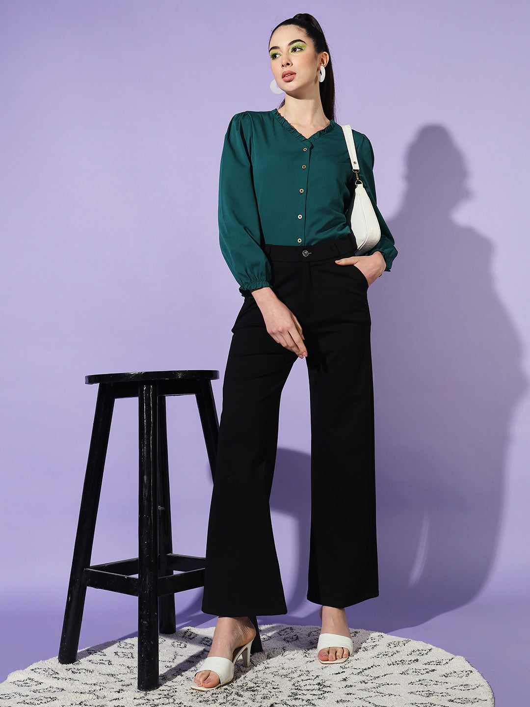 Women Teal Solid Puff Sleeves Shirt Style Top