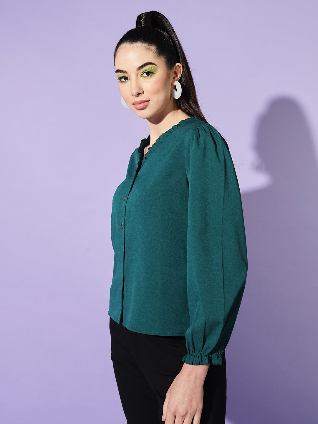 Women Teal Solid Puff Sleeves Shirt Style Top