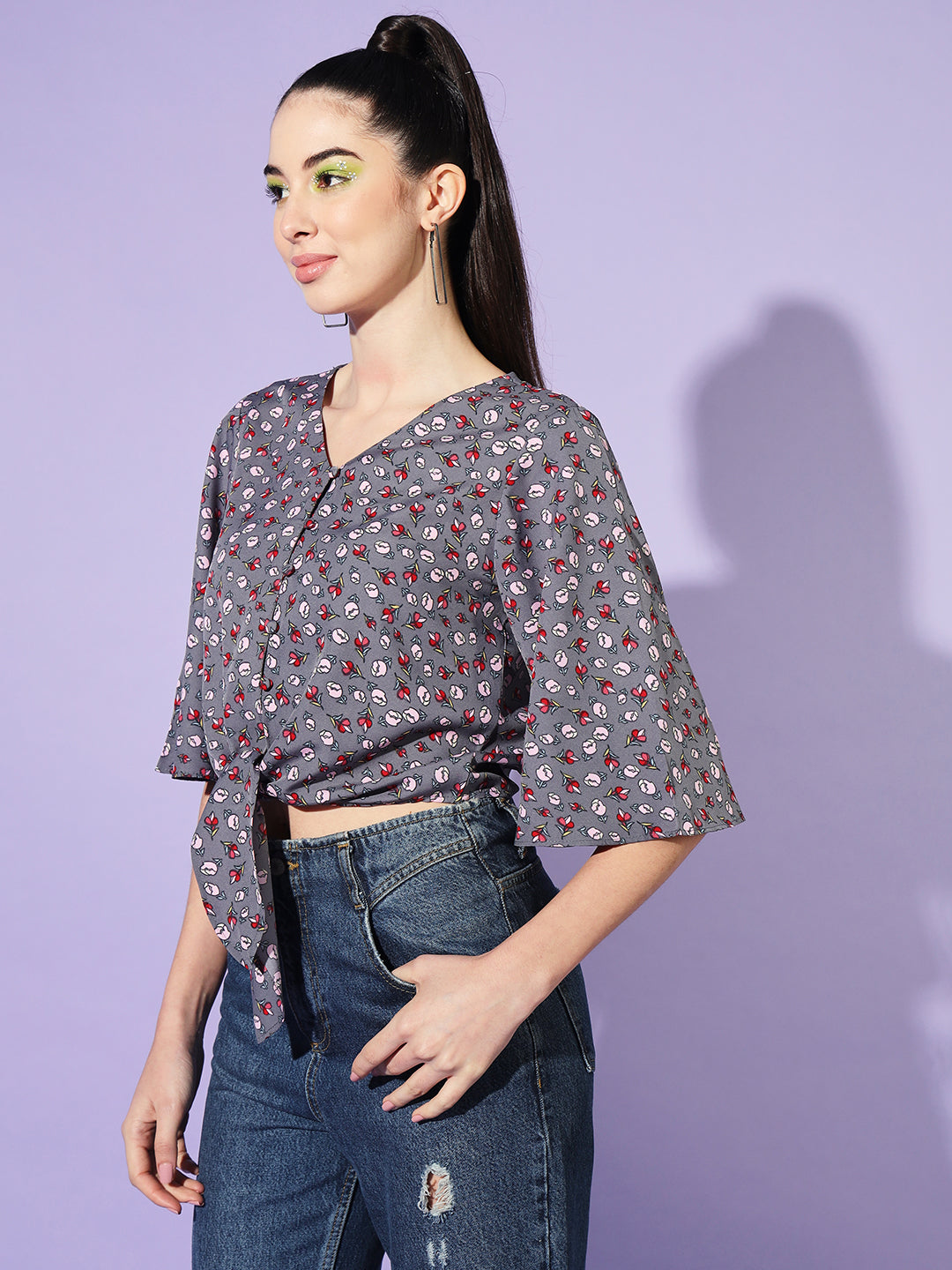 Women V-Neck Flared Sleeves Floral Print Crepe Wrap Top