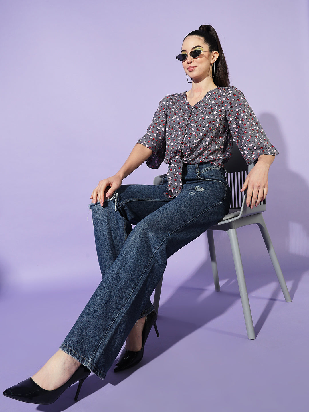 Women V-Neck Flared Sleeves Floral Print Crepe Wrap Top