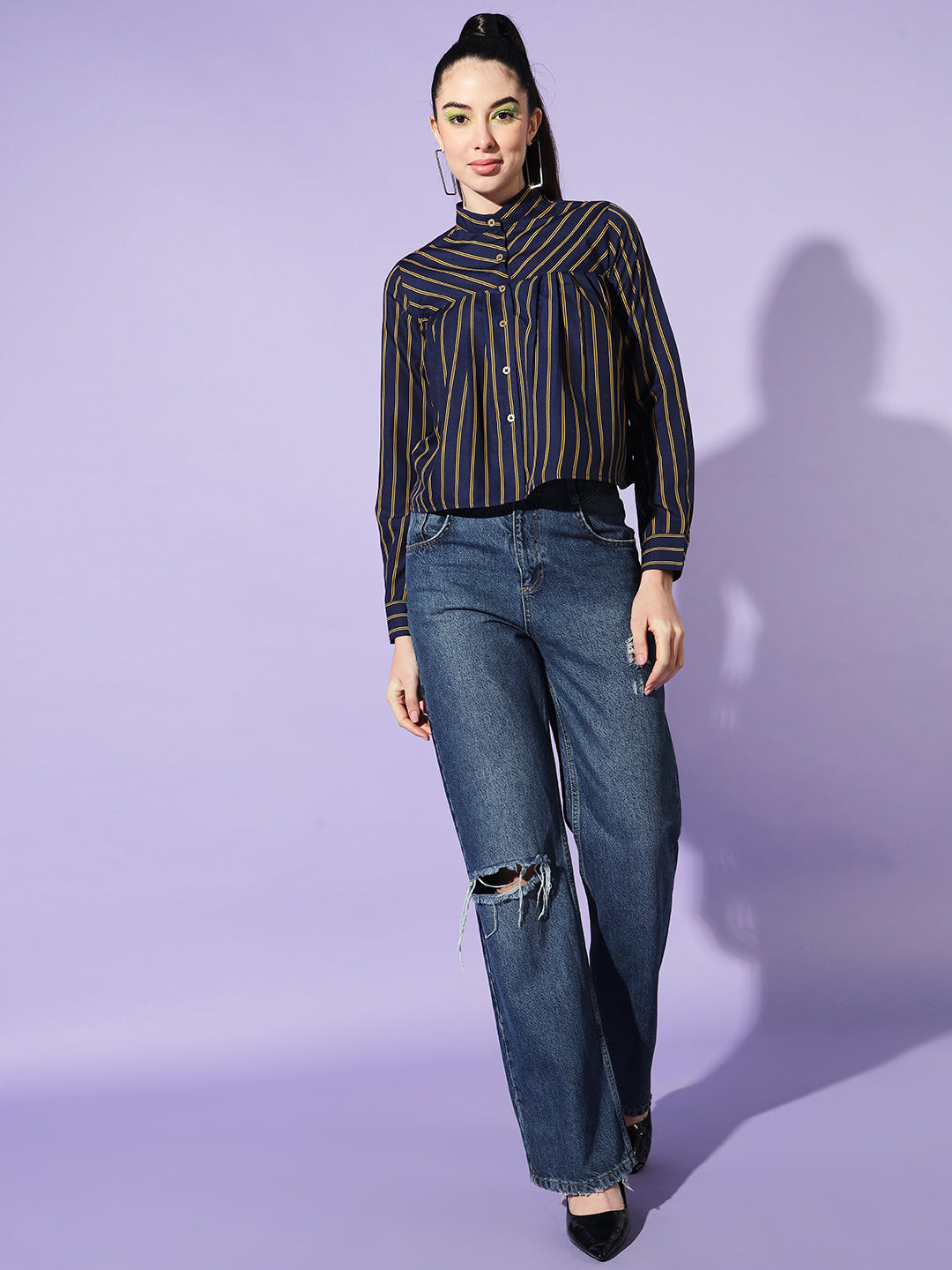 Women Navy Blue Boxy Striped Casual Shirt