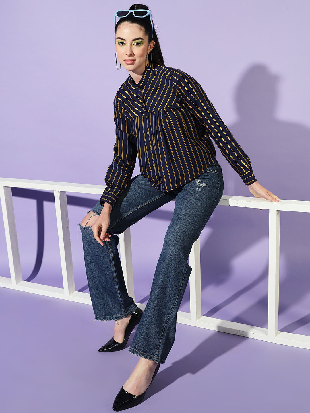 Women Navy Blue Boxy Striped Casual Shirt