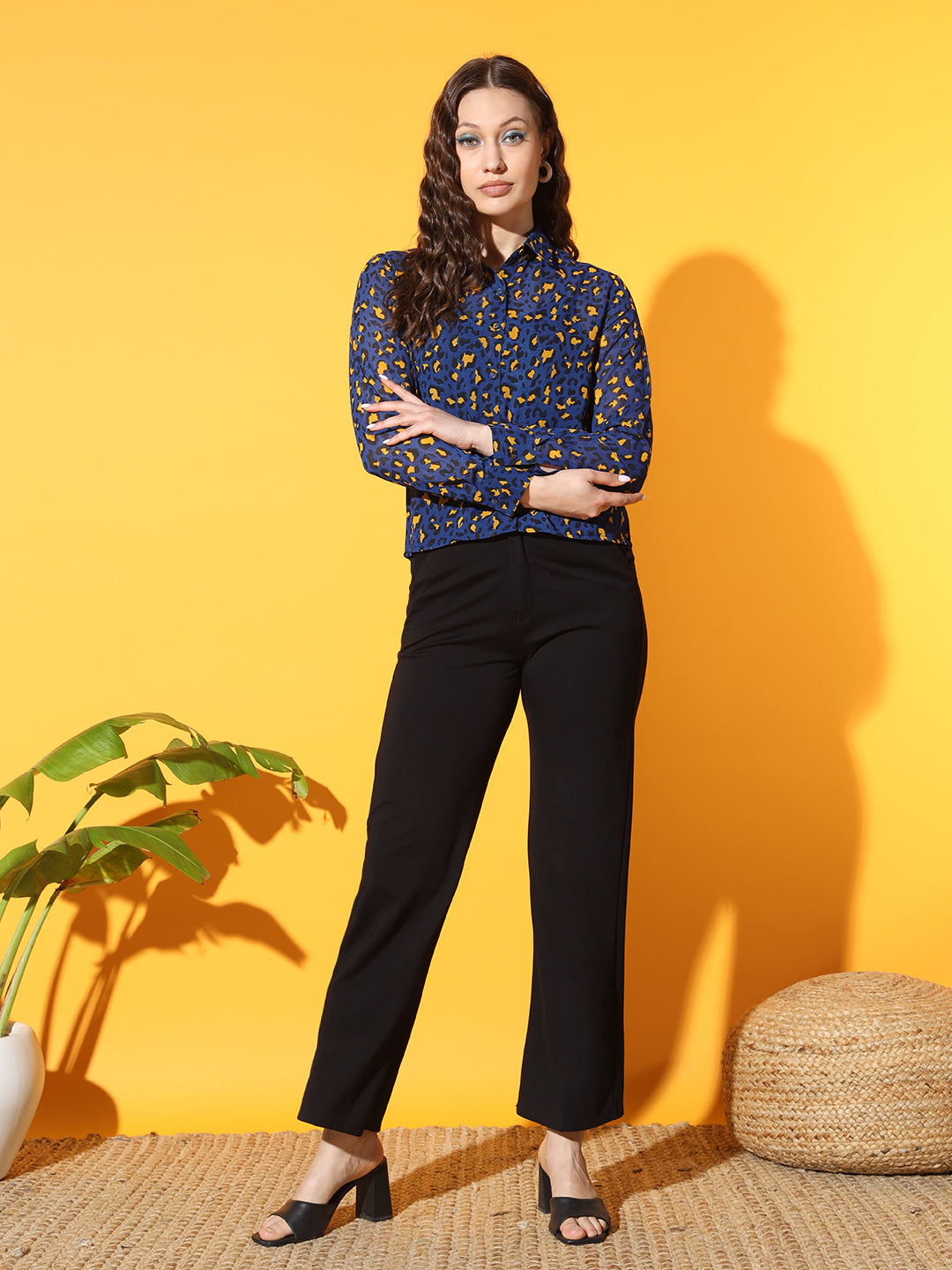 Women Navy Blue Animal Printed Casual Shirt