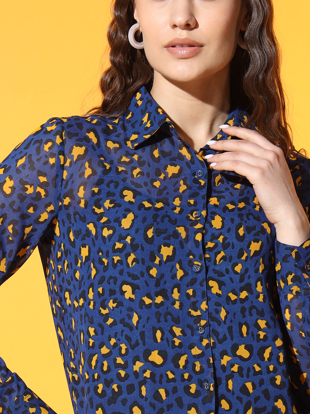Women Navy Blue Animal Printed Casual Shirt
