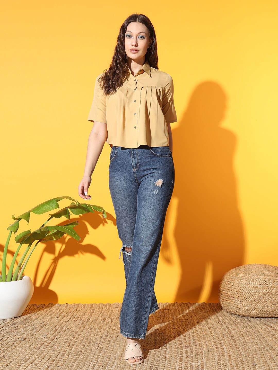 Women Solid Party Yellow Shirt