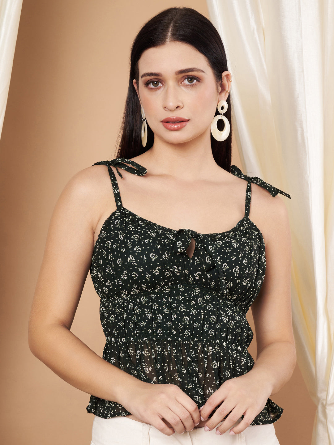 Women Shoulder Straps Floral Print Peplum Top