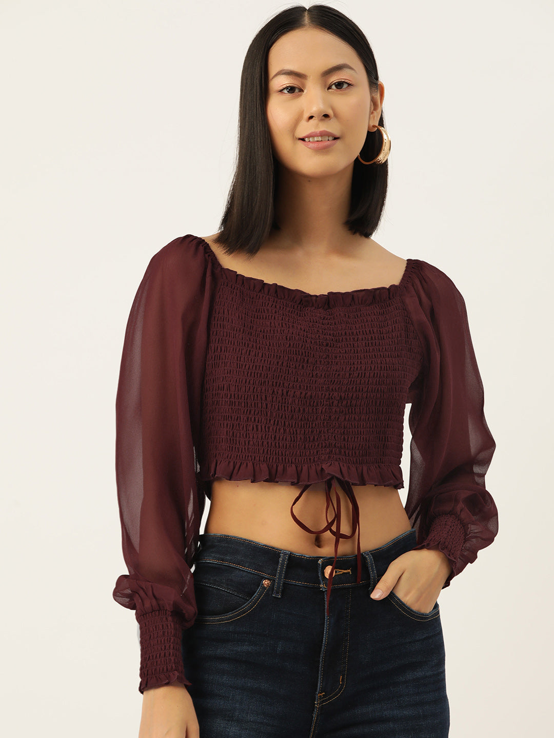Cropped Puff Sleeve Smocked Top