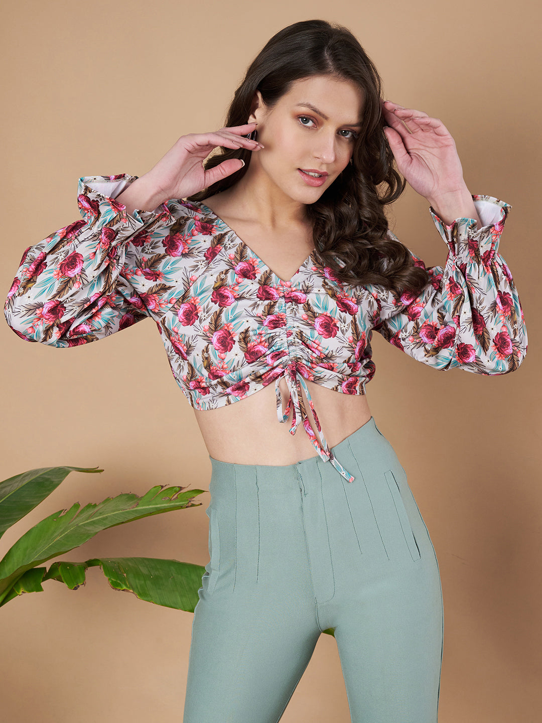 Women Floral Printed Ruched Tie-Front Crop Blouson Top