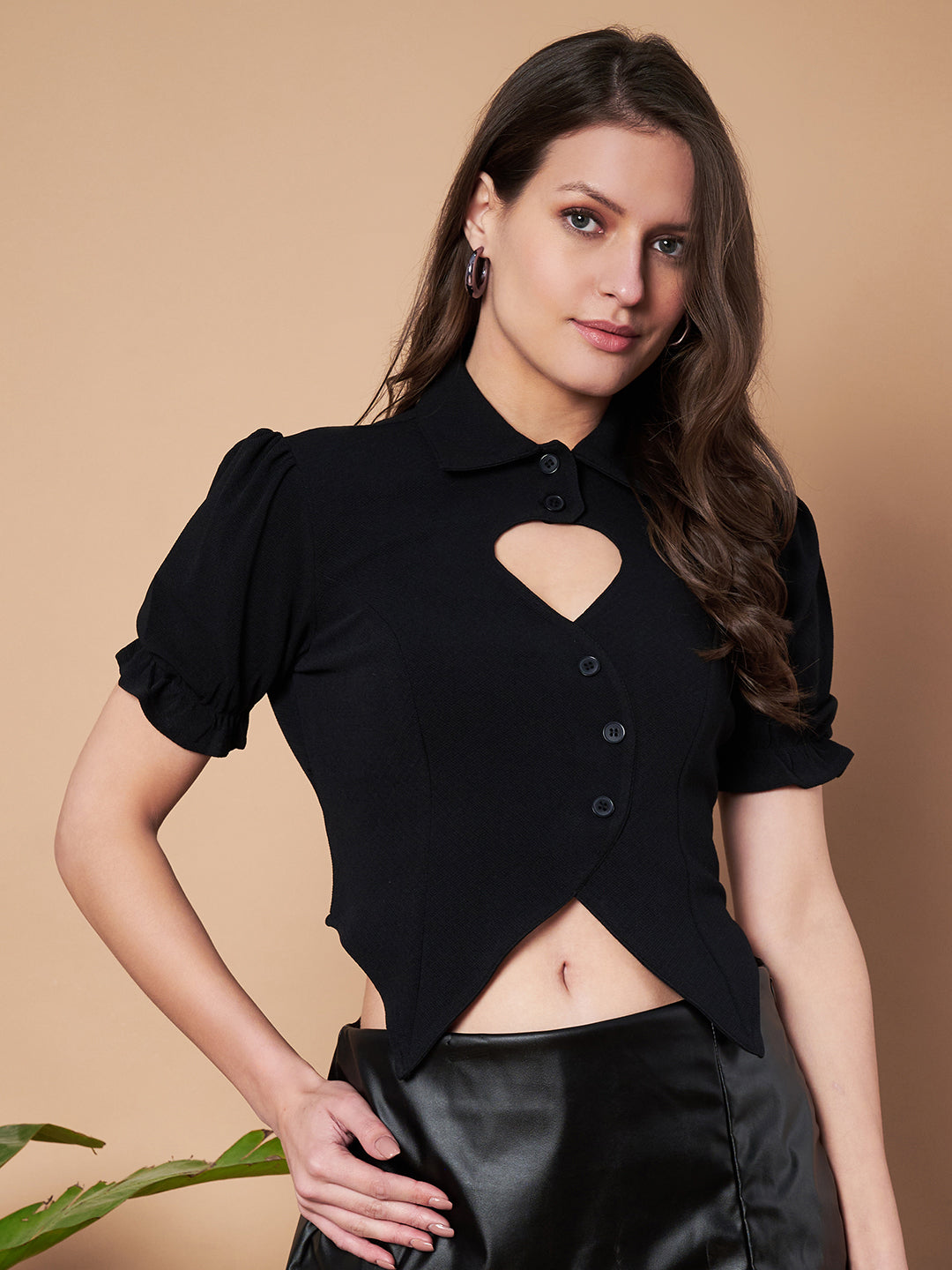 Women Black Floral Printed Puff Sleeves Fitted Crop Top