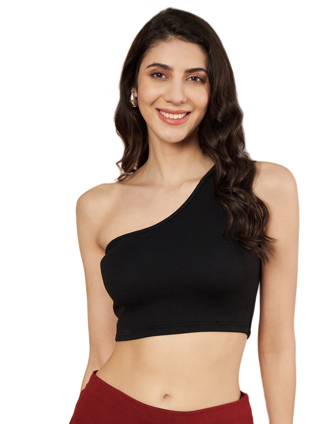 Party One Shoulder Sleeves Solid Women Black Top