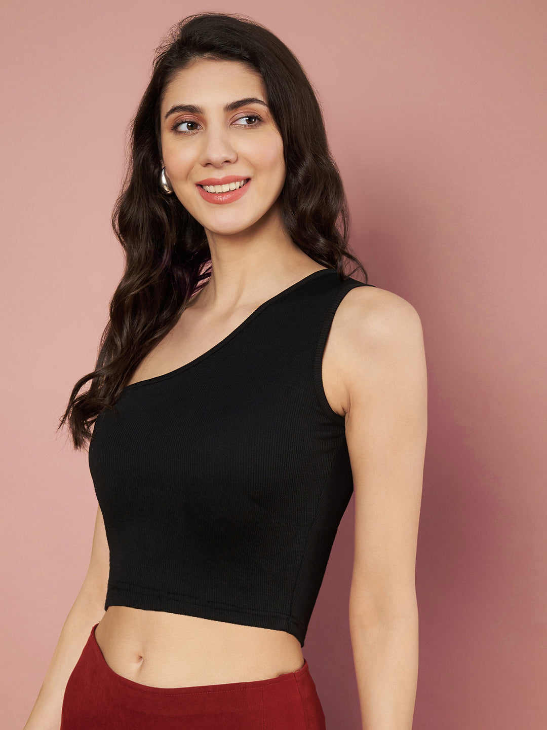 Party One Shoulder Sleeves Solid Women Black Top
