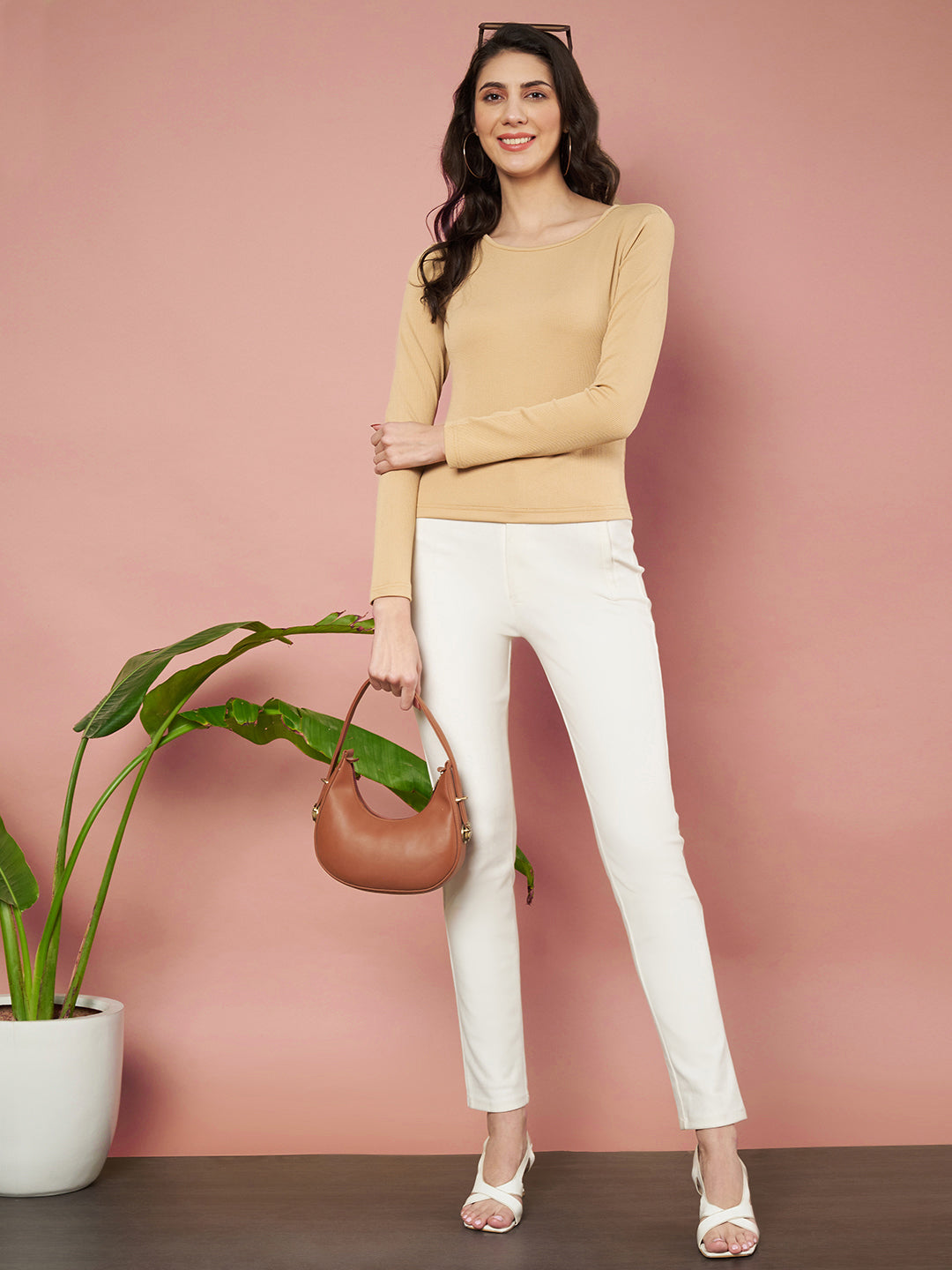 Casual Regular Sleeves Solid Women Beige Top