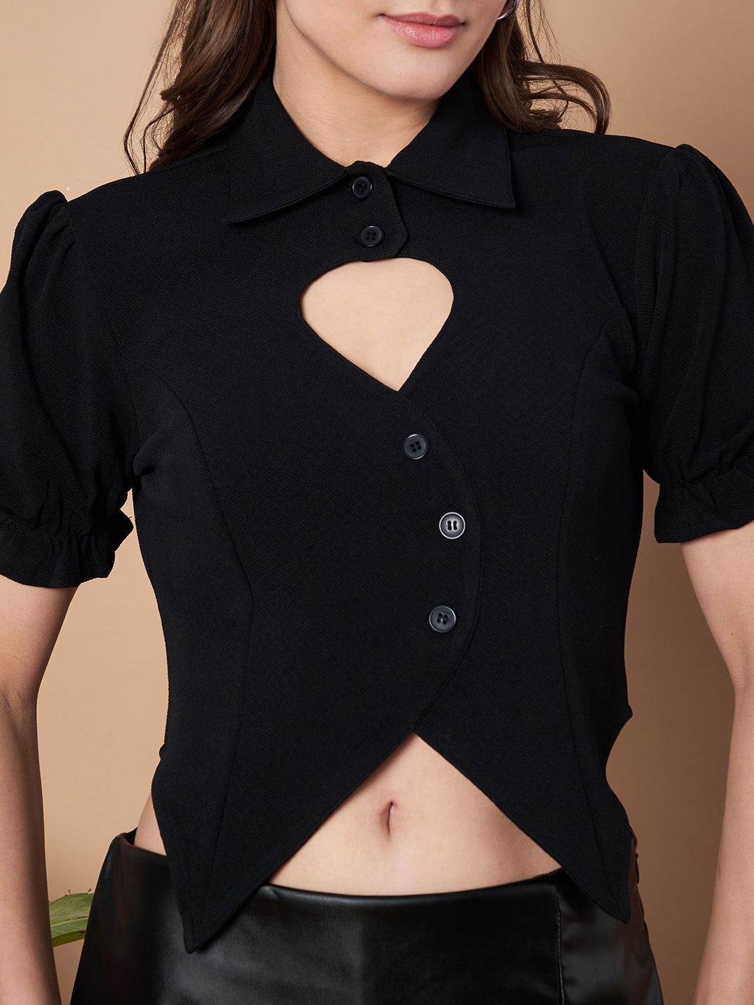Women Black Floral Printed Puff Sleeves Fitted Crop Top