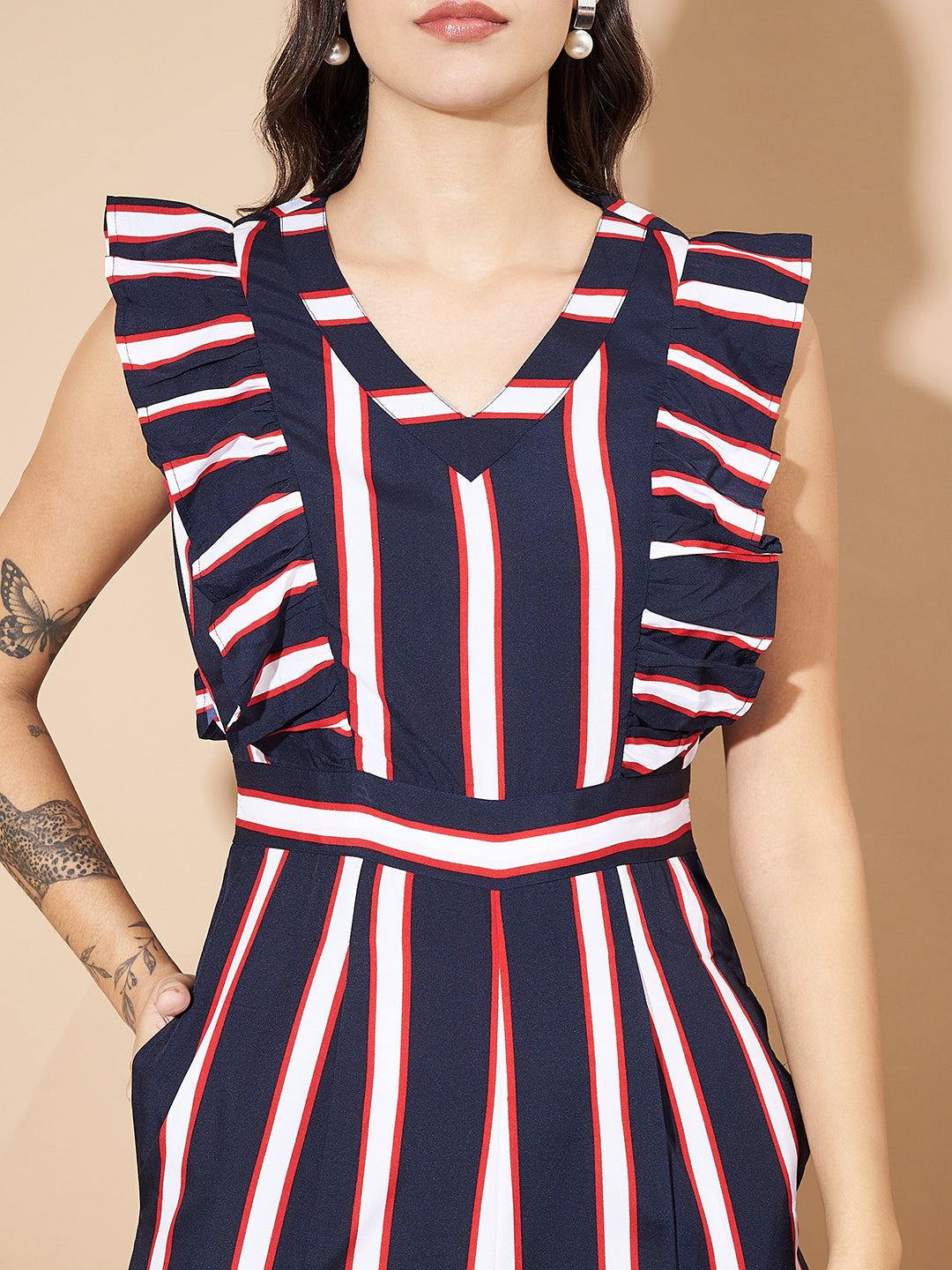 Women Striped Basic Jumpsuit With Ruffles Sleeves