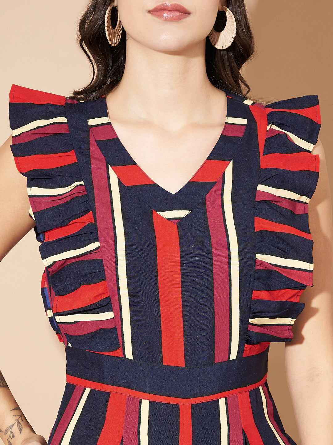 Women Striped Sleeveless with Ruffles Jumpsuit