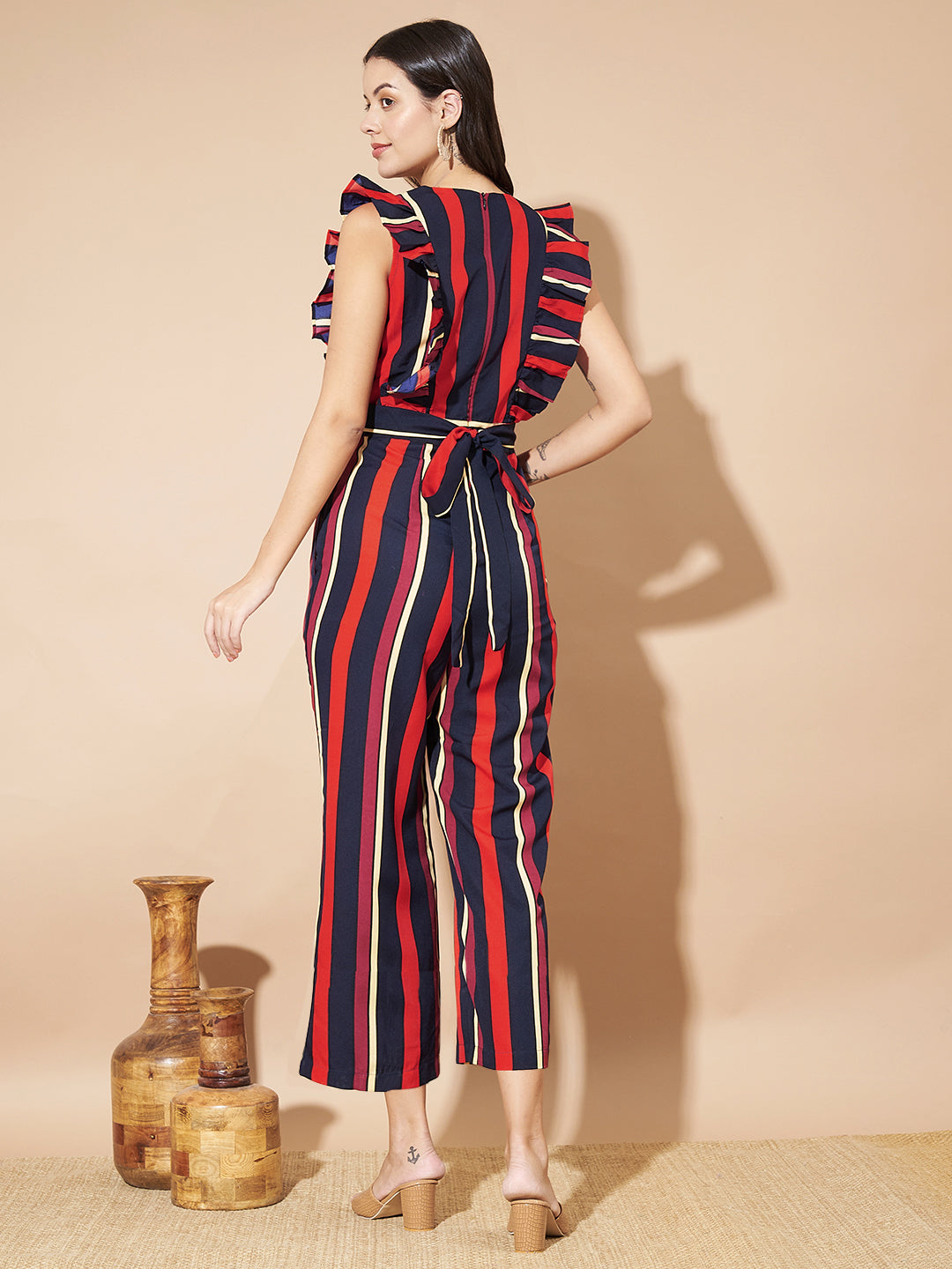 Women Striped Sleeveless with Ruffles Jumpsuit