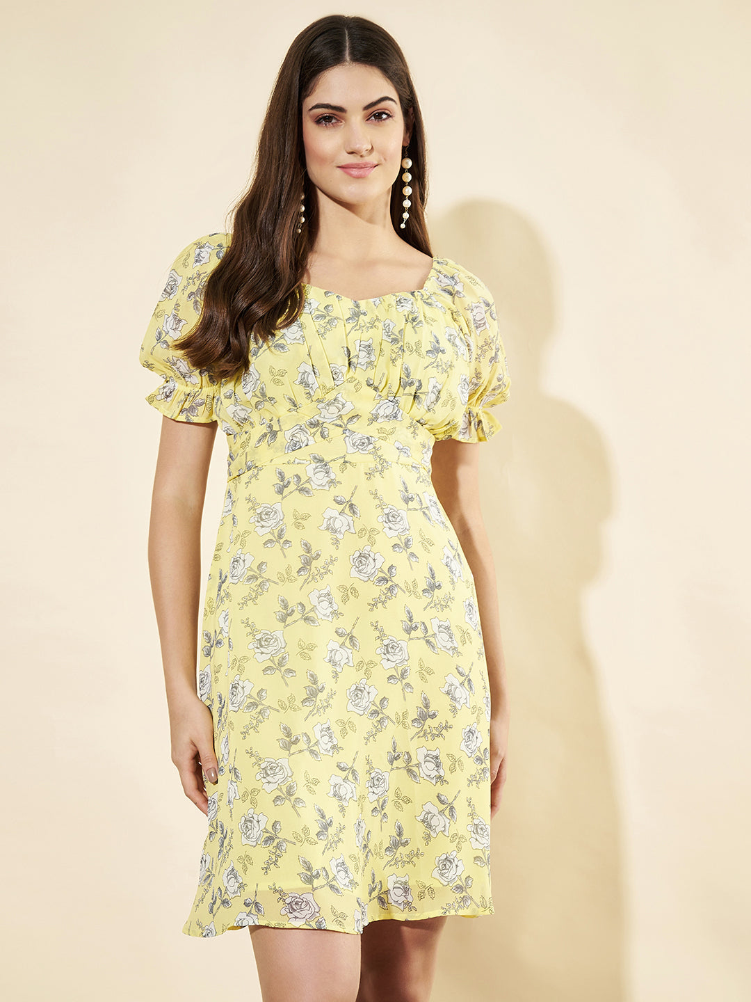 Women Floral Print Puff Sleeve Georgette A-Line Dress
