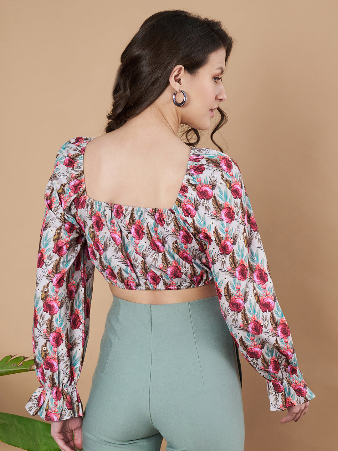 Women Floral Printed Ruched Tie-Front Crop Blouson Top