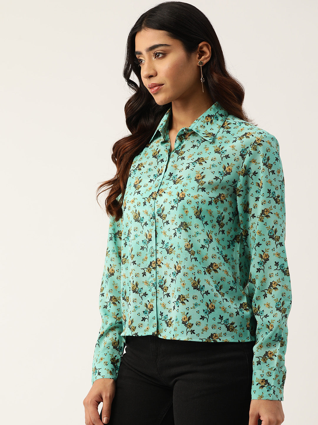 Women Floral Sky Blue Opaque Printed Casual Shirt
