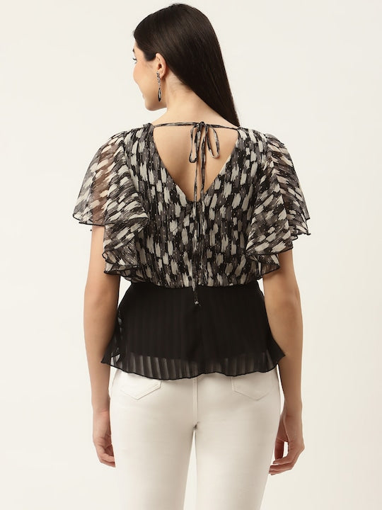 Black & Grey Print Georgette Peplum Top