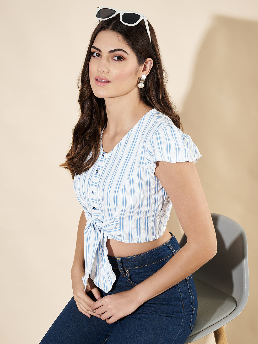 Women Cap Sleeves Striped White Top