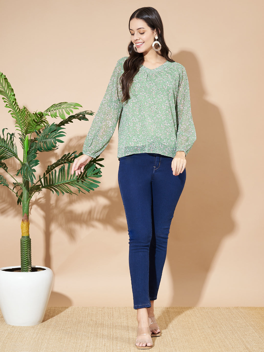 Women Puff Sleeves Floral Print Green Top
