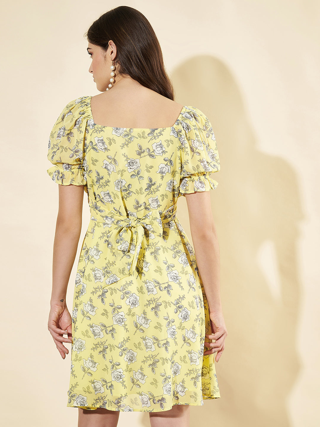 Women Floral Print Puff Sleeve Georgette A-Line Dress
