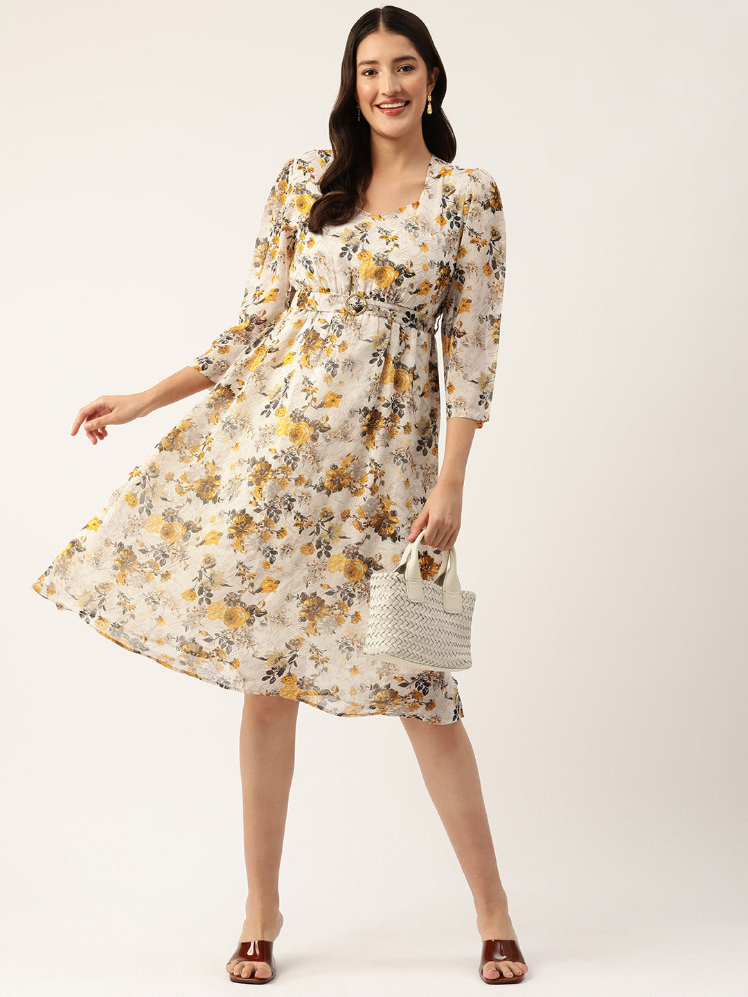 Floral Print Georgette Belted Empire Dress