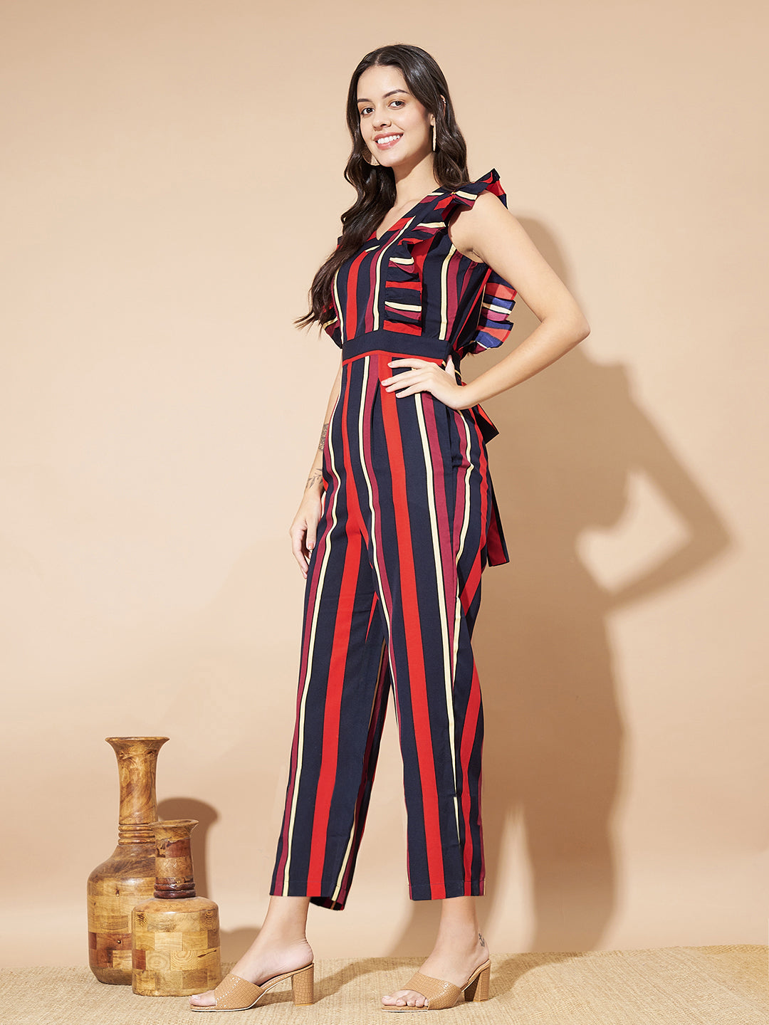 Women Striped Sleeveless with Ruffles Jumpsuit