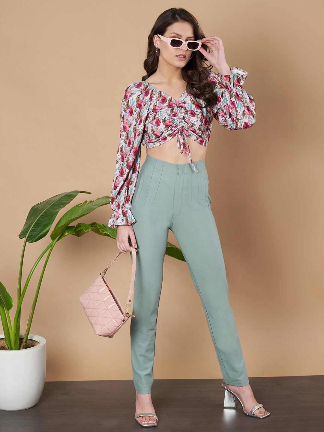 Women Floral Printed Ruched Tie-Front Crop Blouson Top