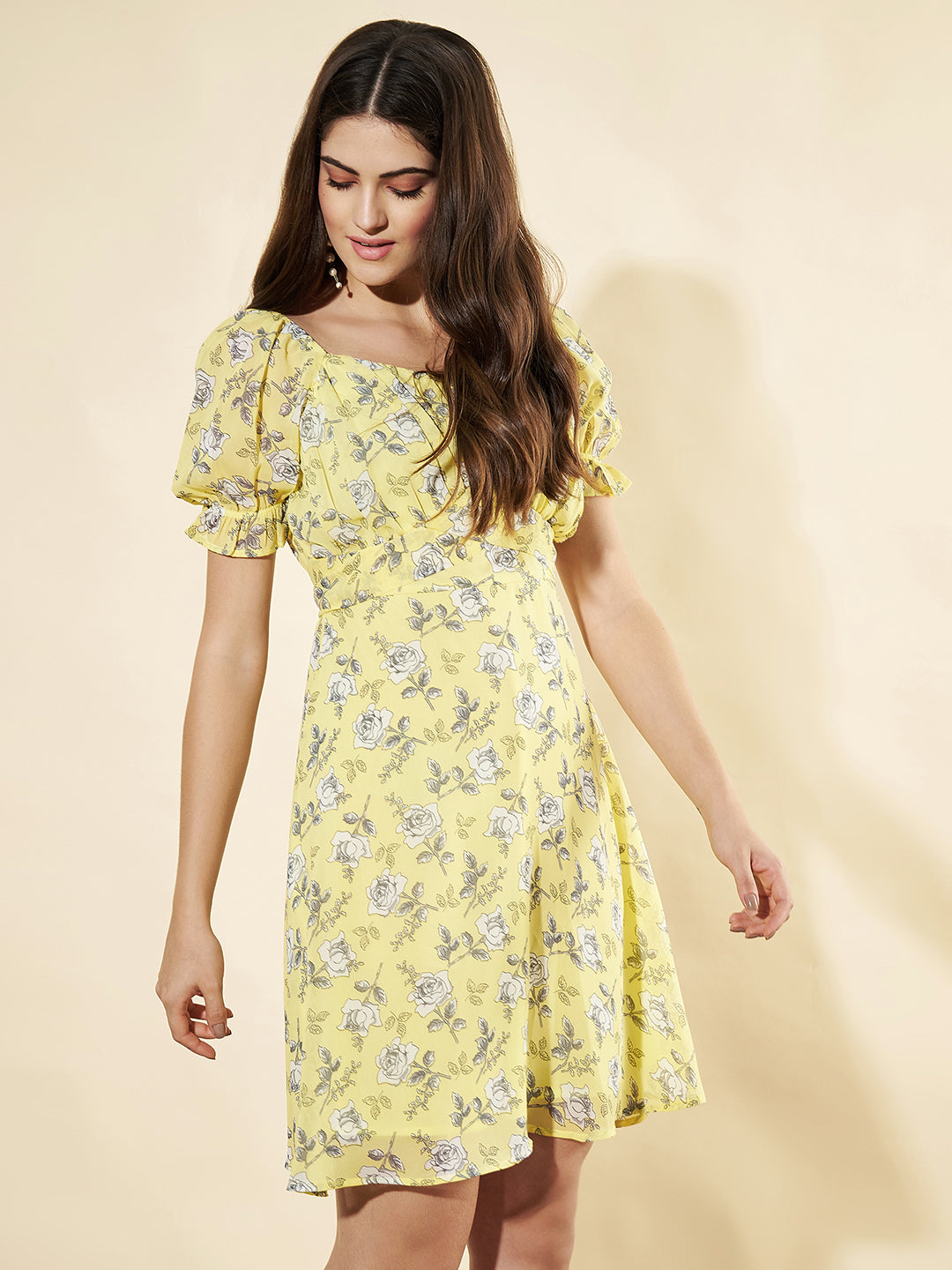 Women Floral Print Puff Sleeve Georgette A-Line Dress