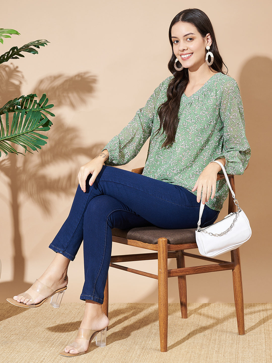 Women Puff Sleeves Floral Print Green Top