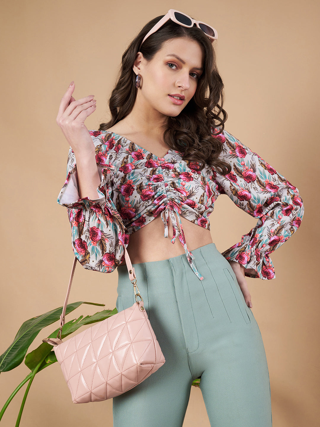 Women Floral Printed Ruched Tie-Front Crop Blouson Top