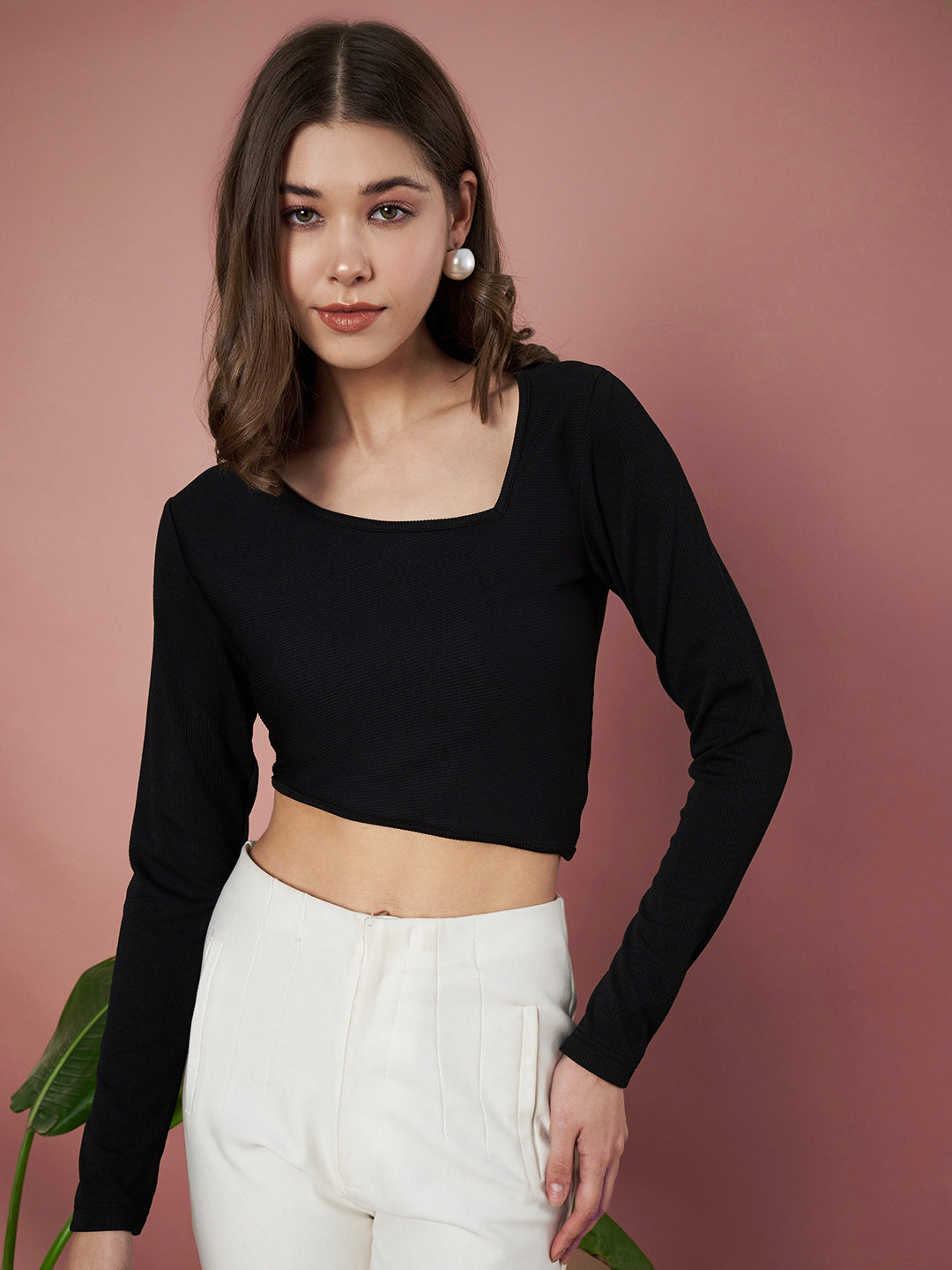 Party Regular Sleeves Solid Women Black Crop Top