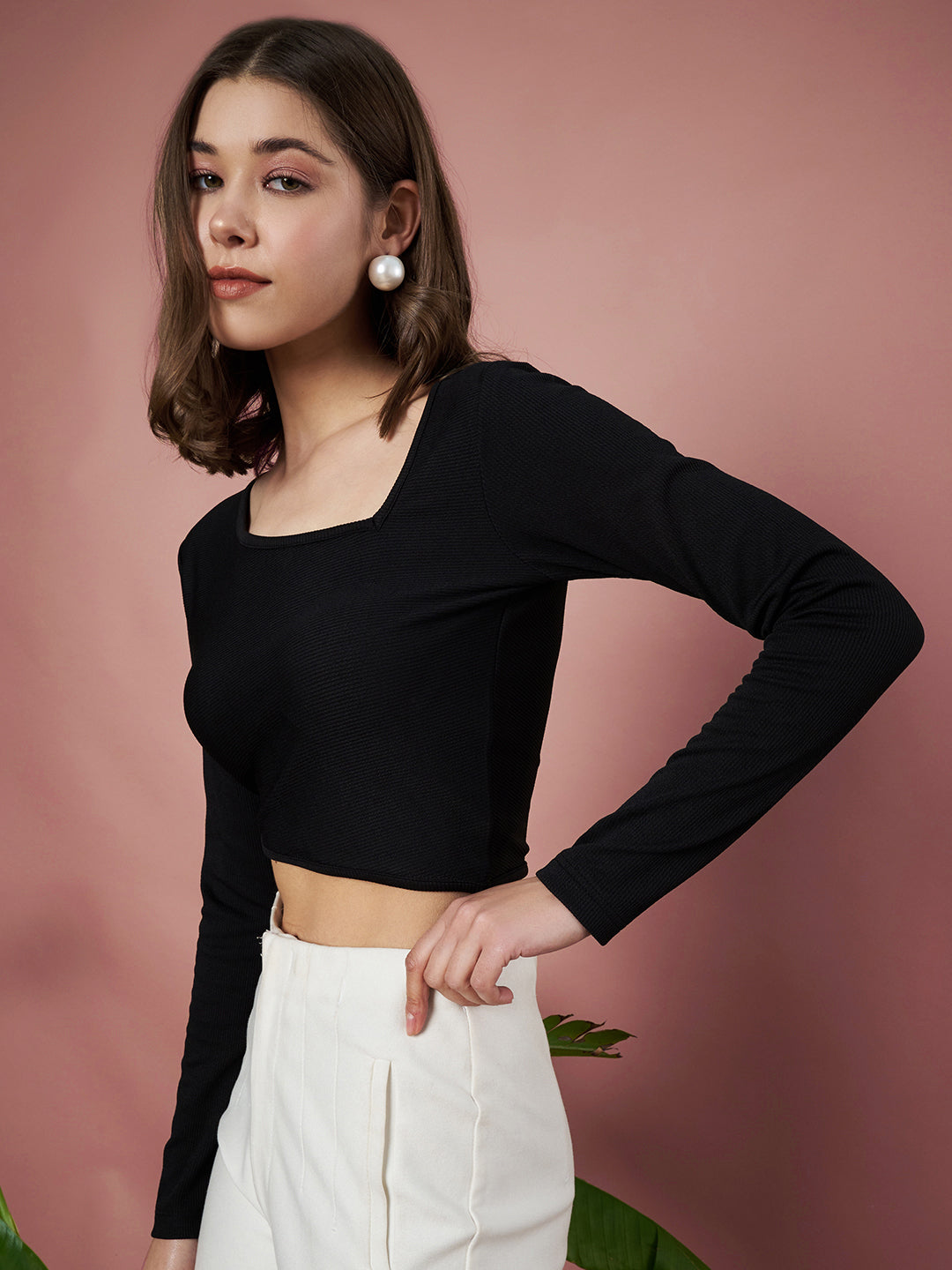 Party Regular Sleeves Solid Women Black Crop Top