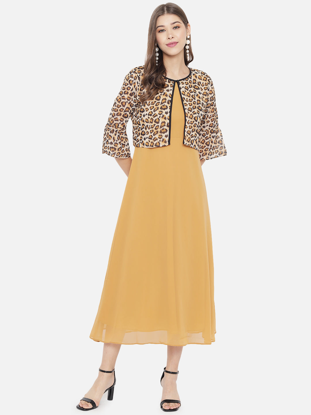 Yellow Layered Georgette A-Line Midi Dress Slenor Yellow Layered Georgette A-Line Midi Dress Slenor