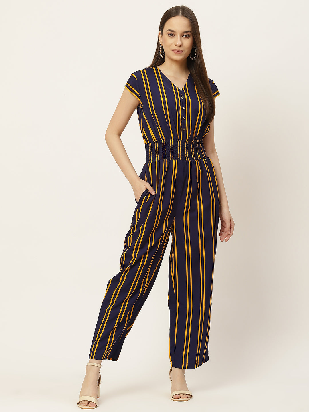 Navy blue best sale striped jumpsuit