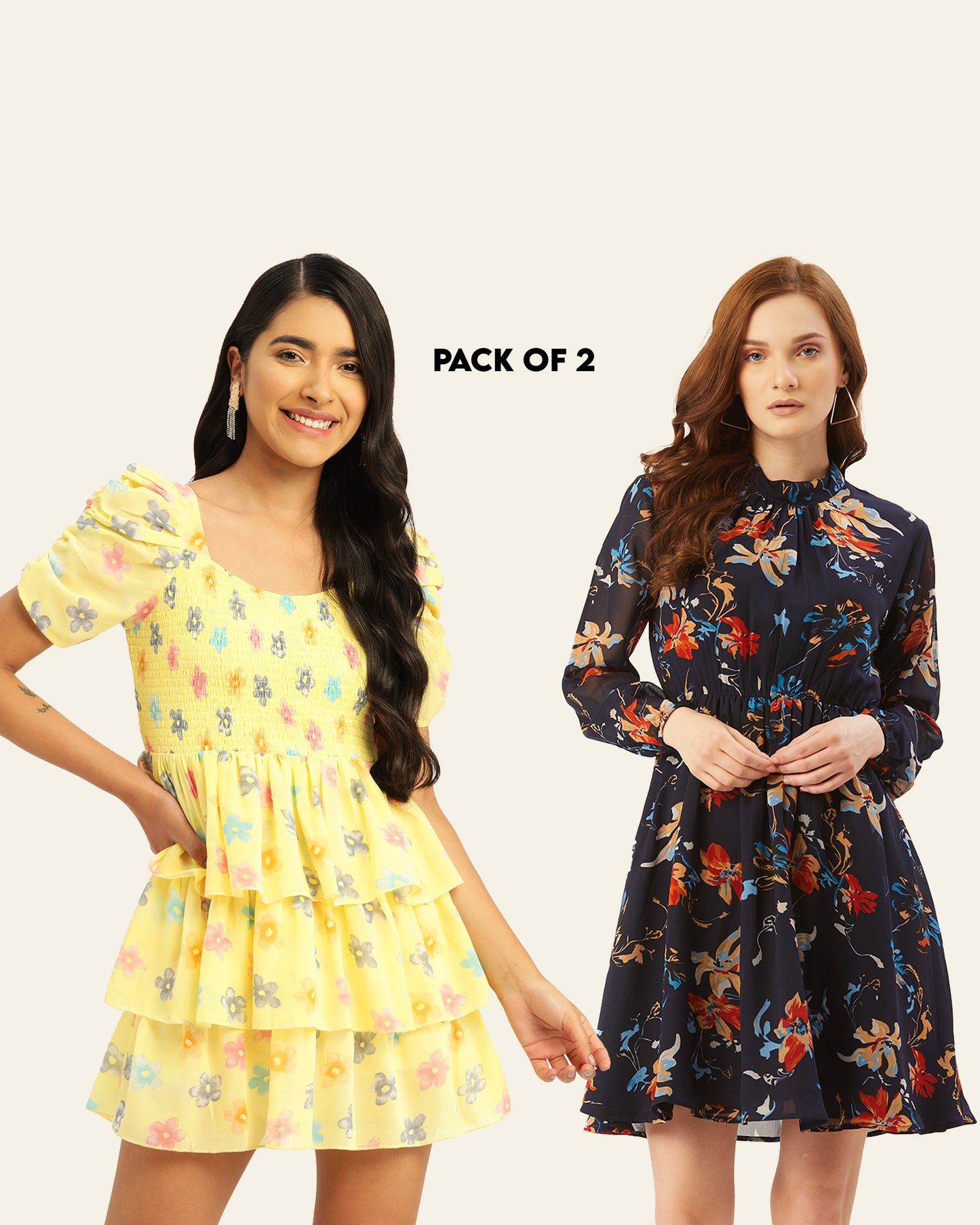 Women Sweetheart Neck & Navy Blue Floral Print A-Line Dress (Pack Of 2)