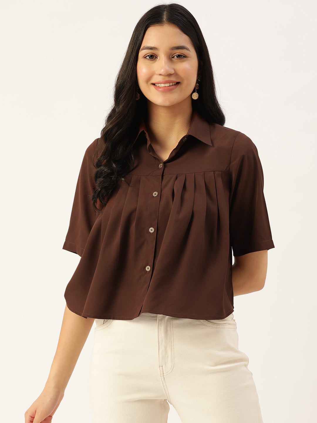 brown dress shirt women's Satin Elegant V Neck Long Sleeve Silky Office Work Blouse, Brown / S