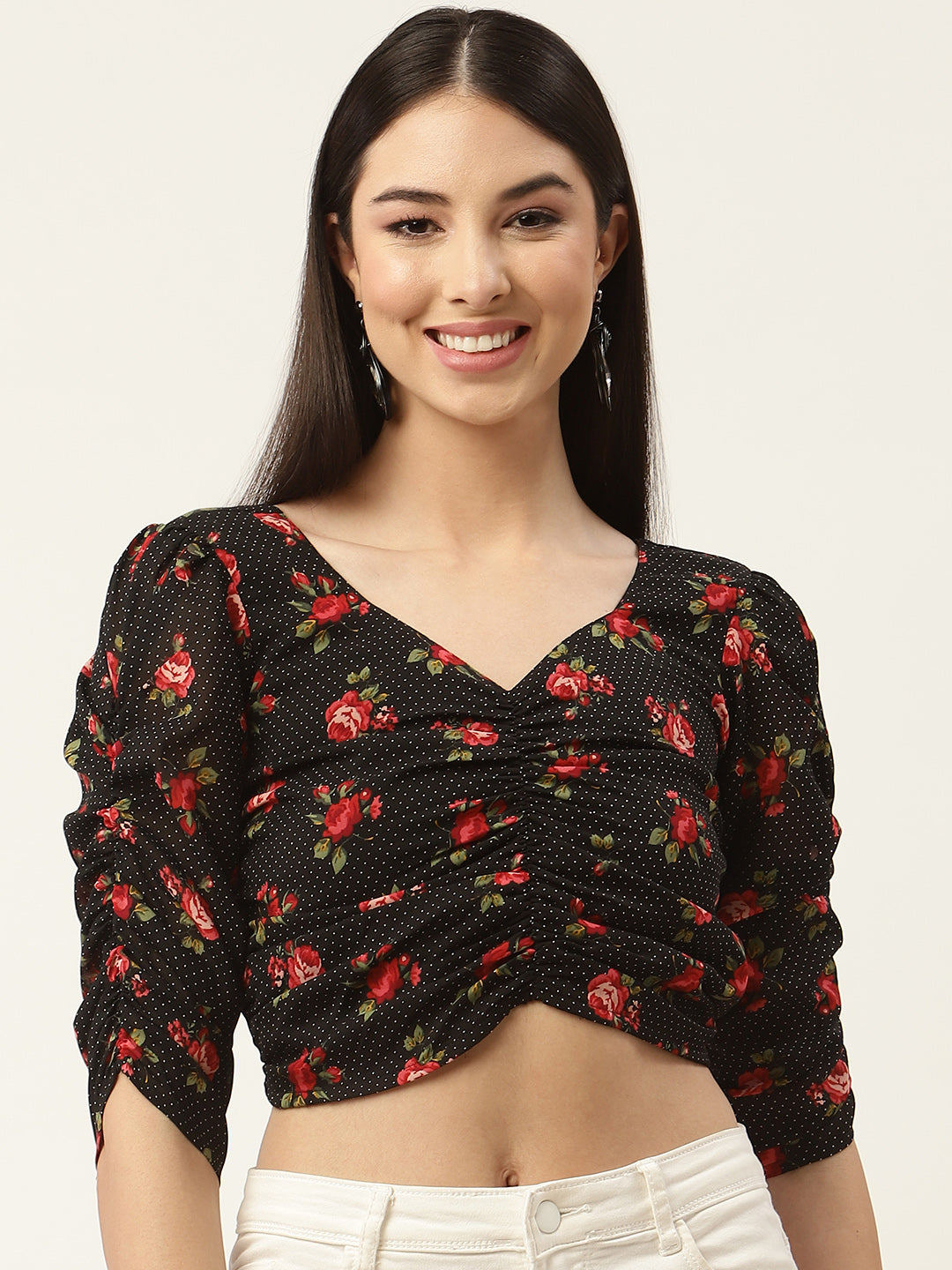 Black and Red Floral Print Crop Top