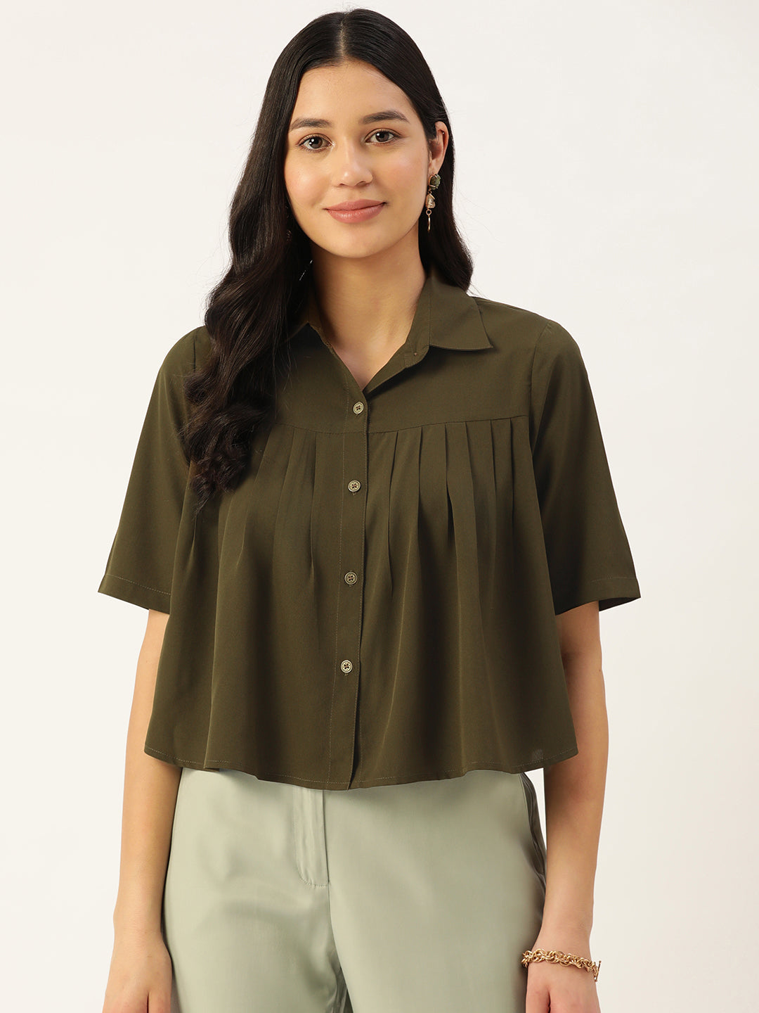 Casual Olive Green Solid Shirt - Over