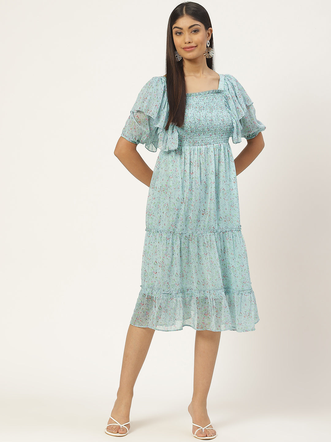 Women Brown Smocked & Floral Georgette A-Line Midi Dress (Pack Of 2)