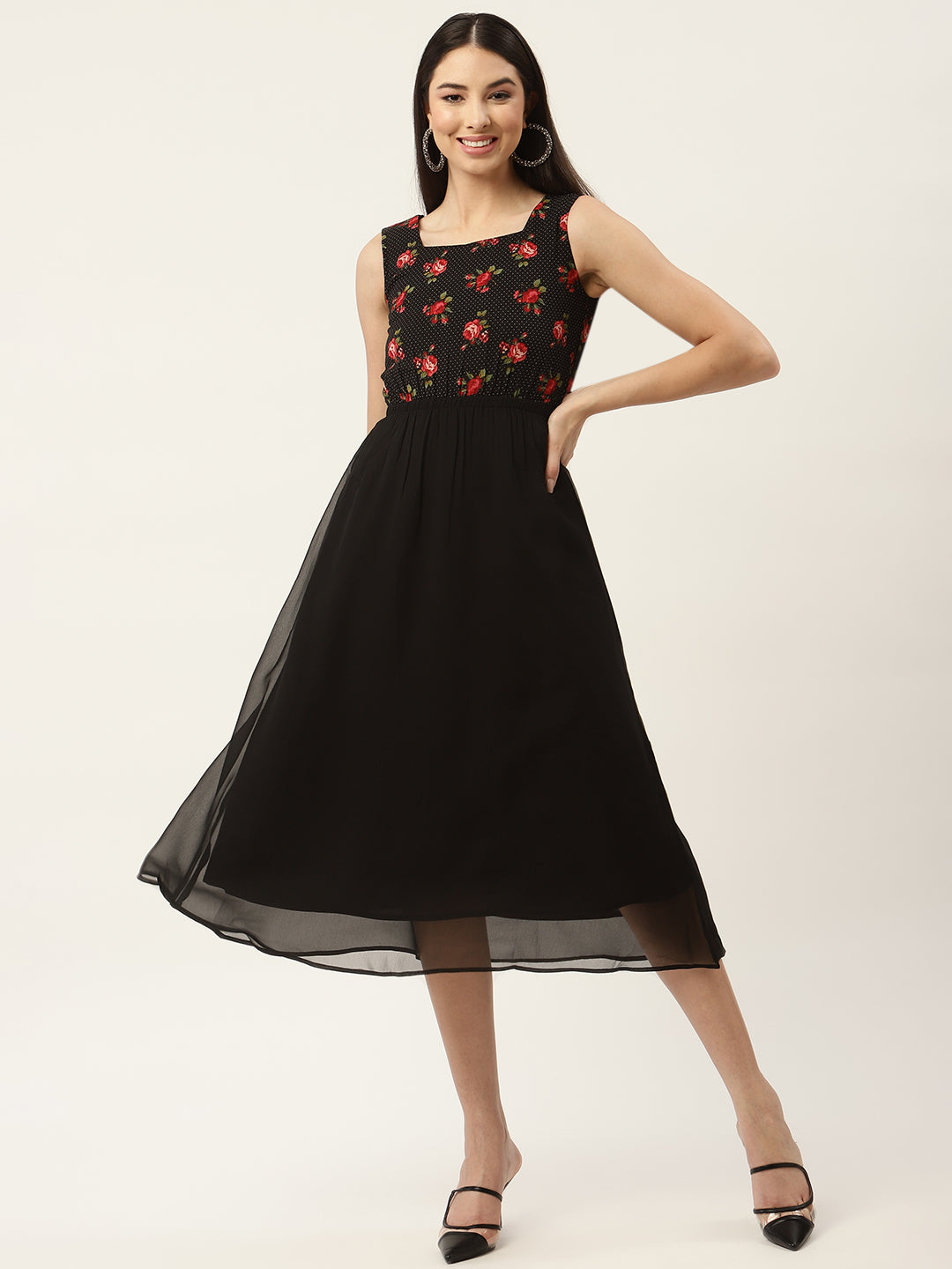 Black & Red Floral Georgette Midi Dress