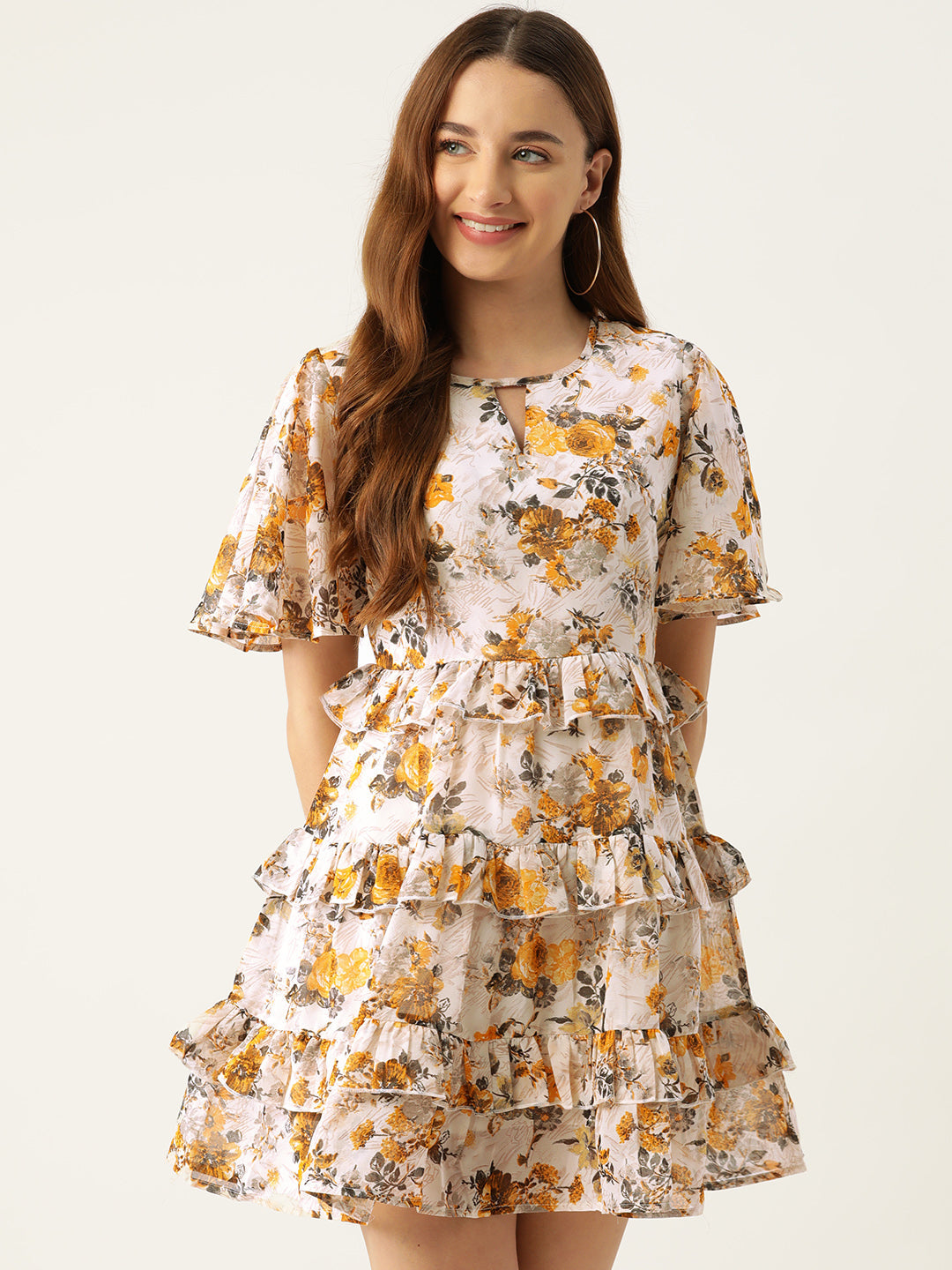 Slenor Floral Print Keyhole Neck Flared Sleeve Ruffled Georgette A-Line Dress