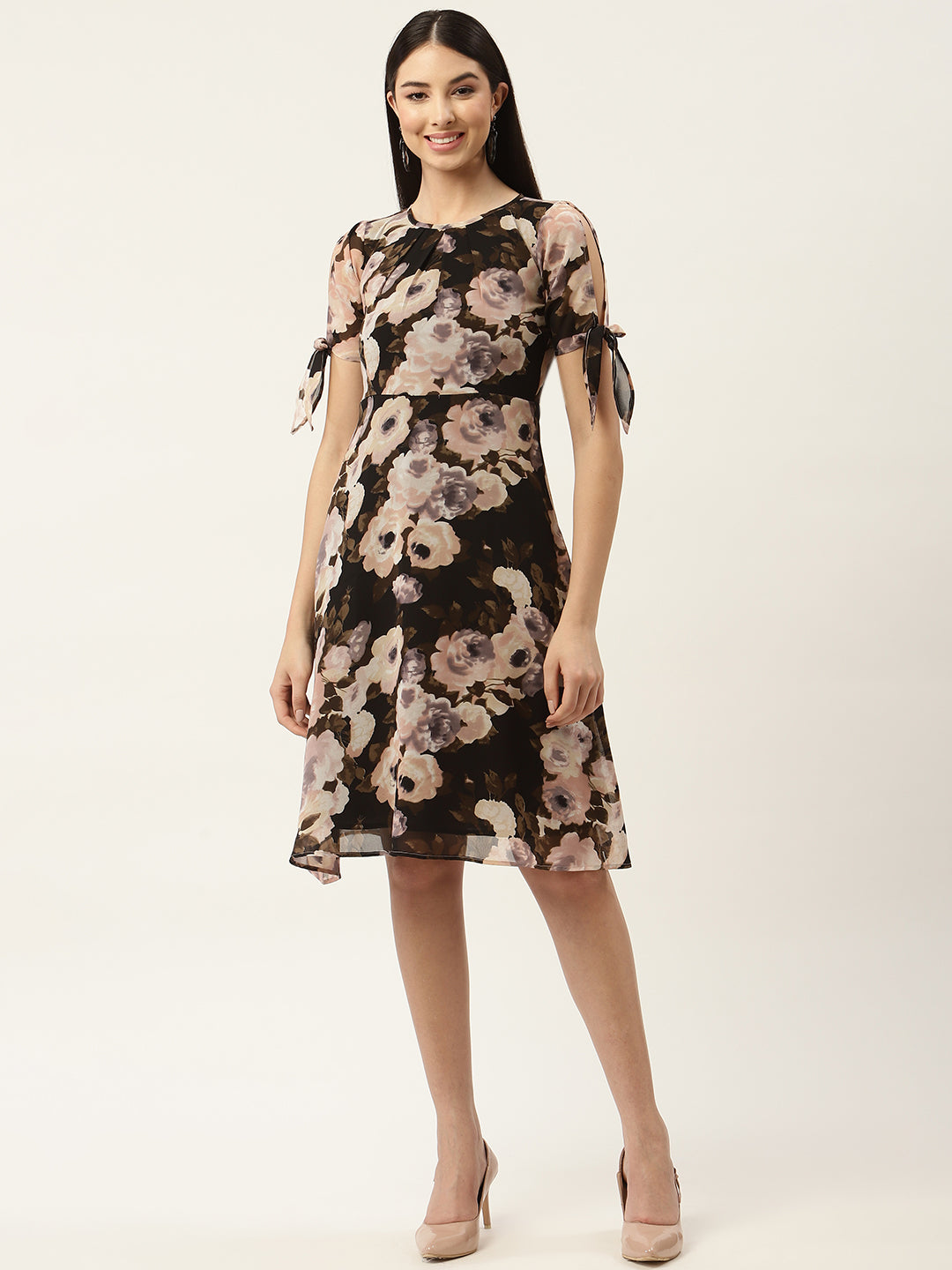 Black & Peach-Coloured Floral Georgette Dress