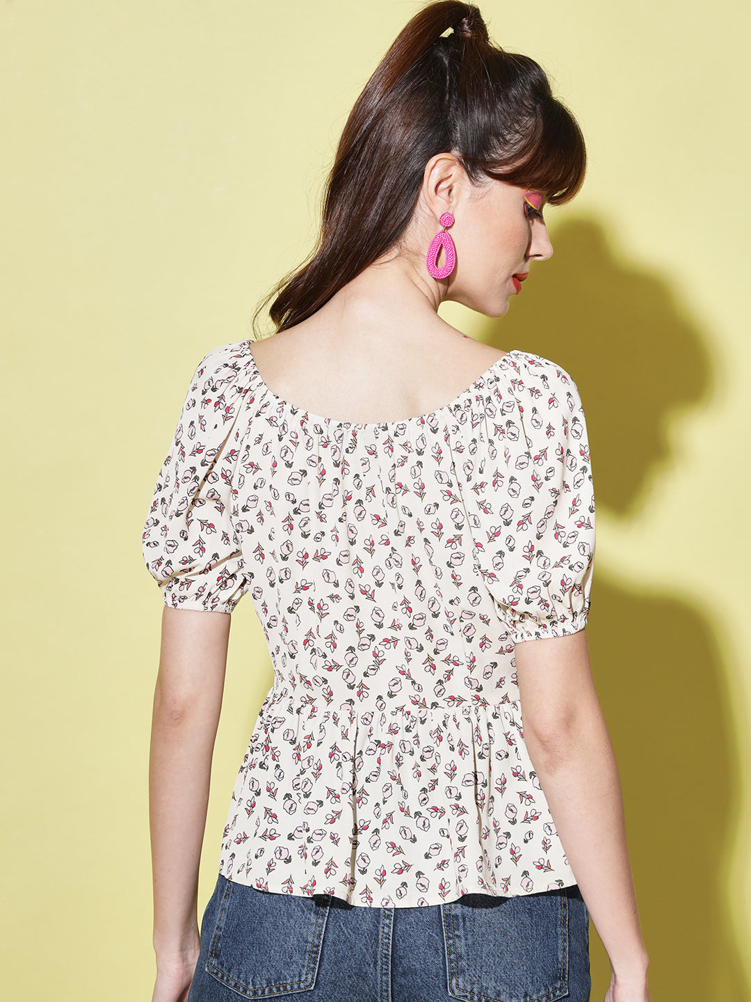 Floral Print Sweetheart Neck Puff Sleeves Georgette Peplum Top
